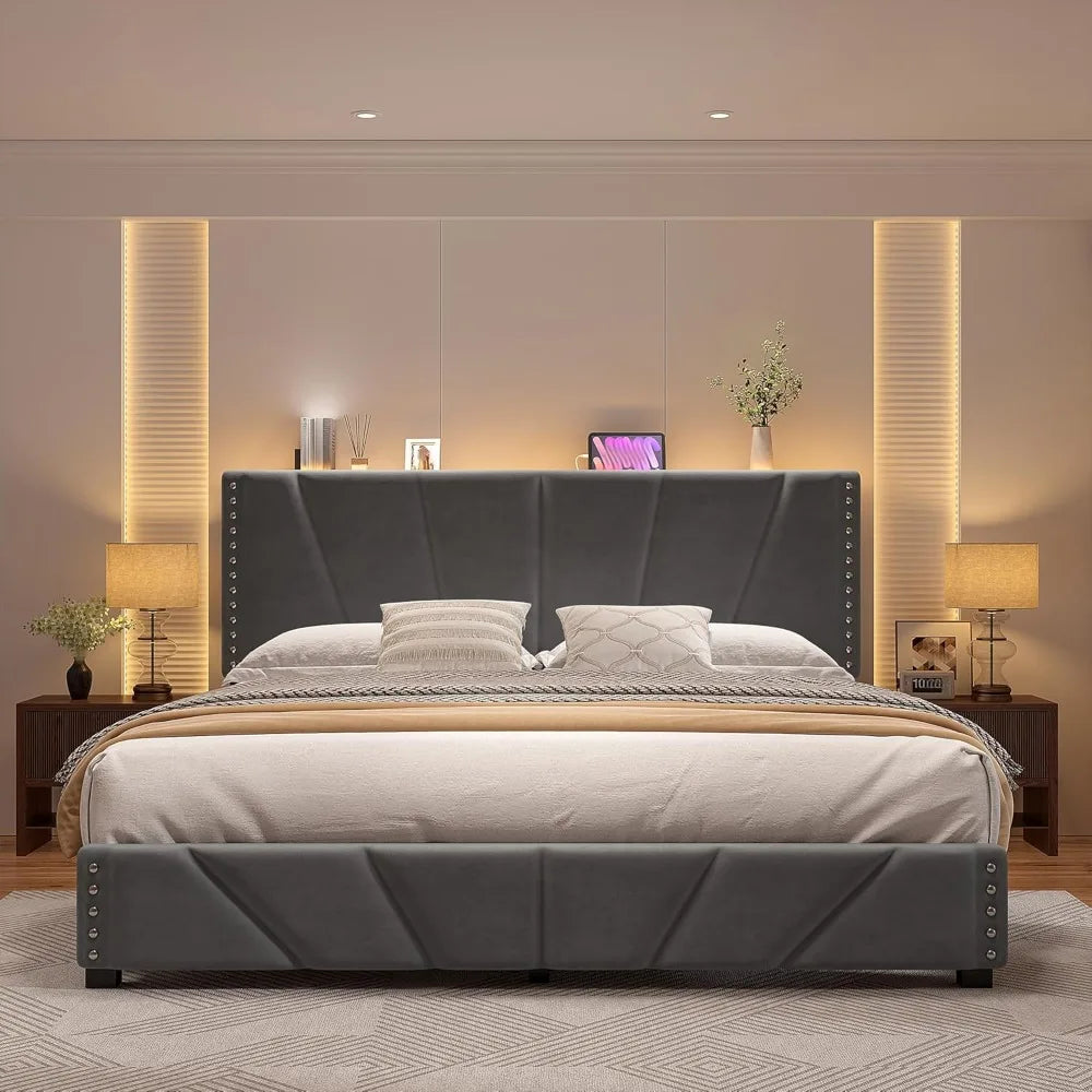 EnHomee Bed Frame With Velvet Headboard LED Lights Storage