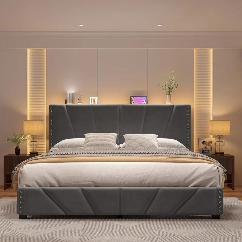 EnHomee Bed Frame With Velvet Headboard LED Lights Storage