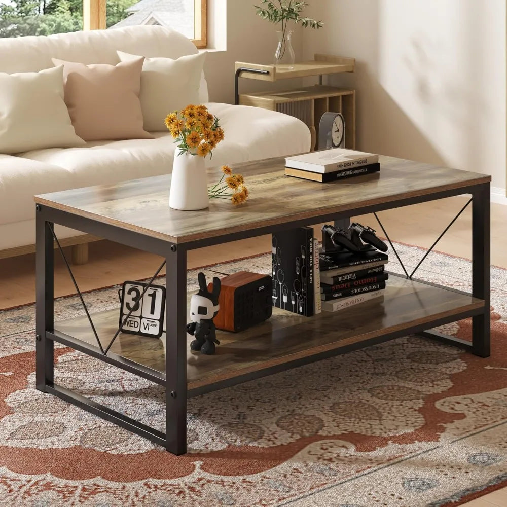 Rustic Farmhouse Coffee Table With Storage Shelf Living Room