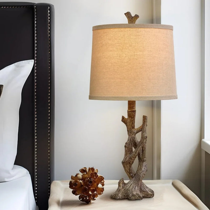 Rustic Farmhouse Table Lamp With Wood Grain Nightstand