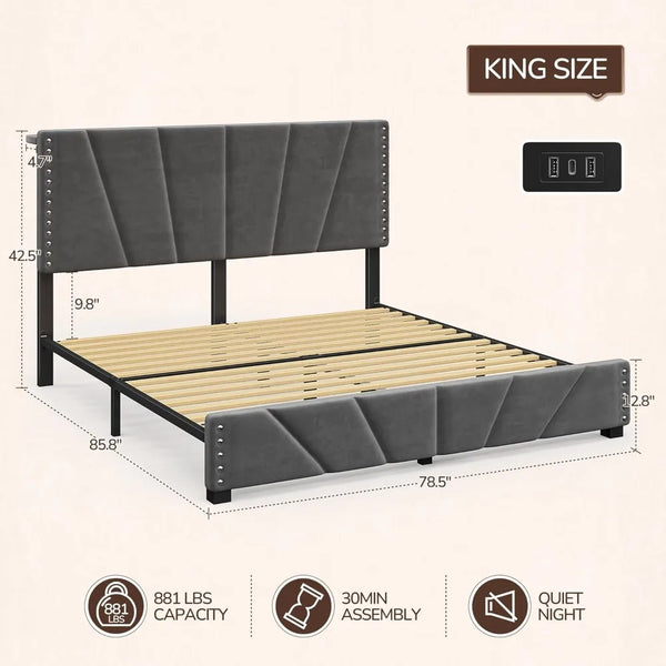 EnHomee Bed Frame With Velvet Headboard LED Lights Storage