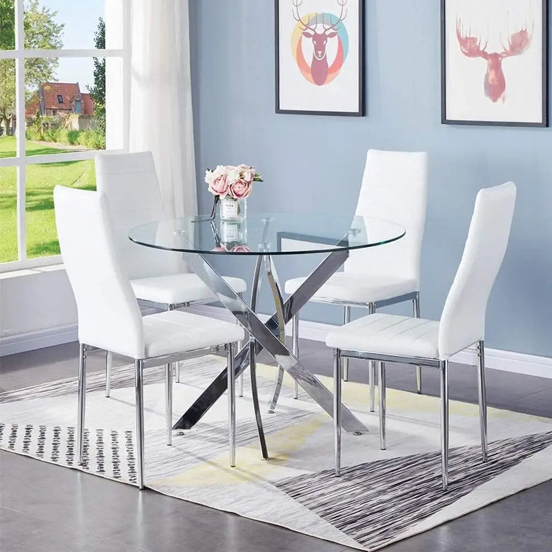 modern round glass dining table set with upholstered chairs
