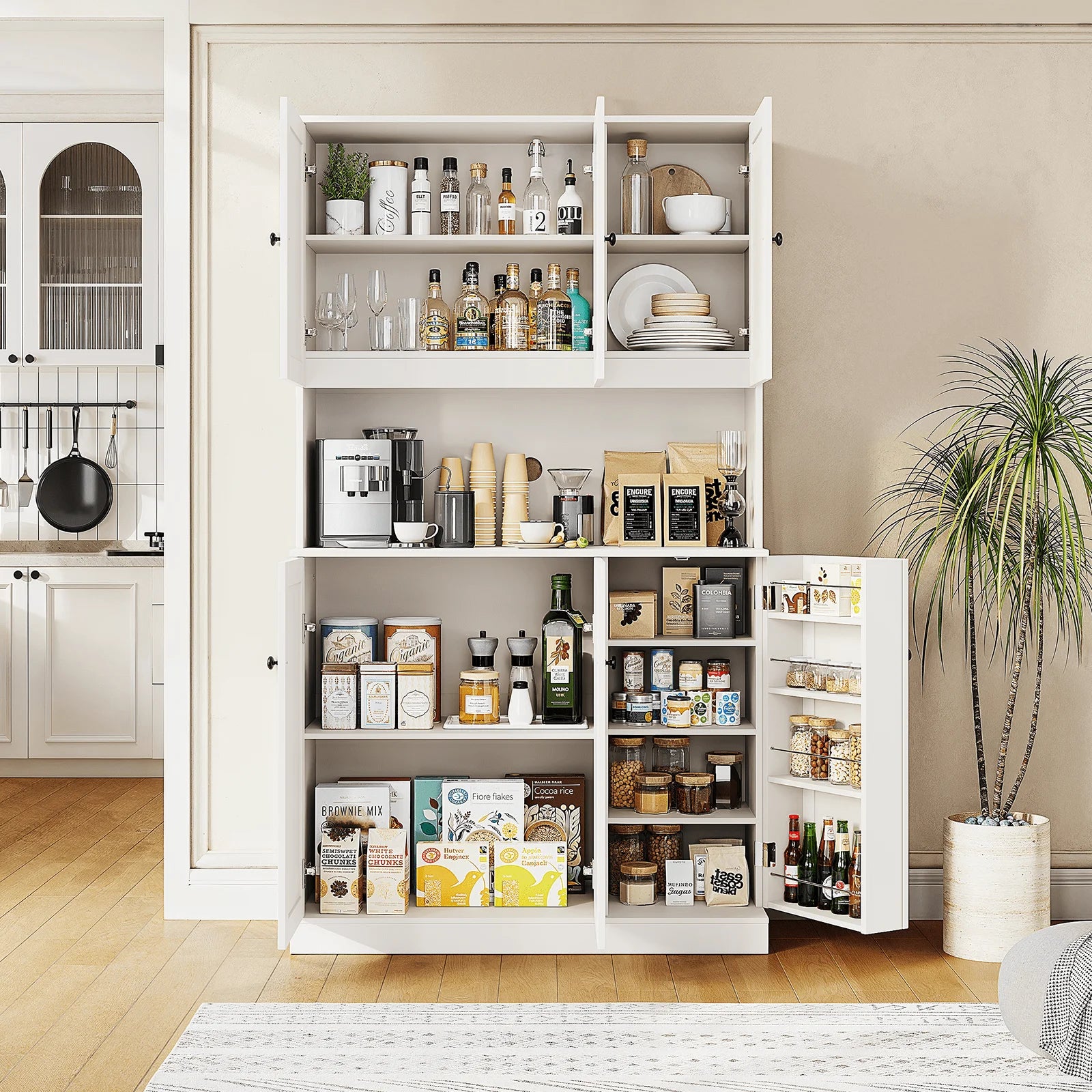Freestanding Kitchen Pantry With Microwave Stand And Doors