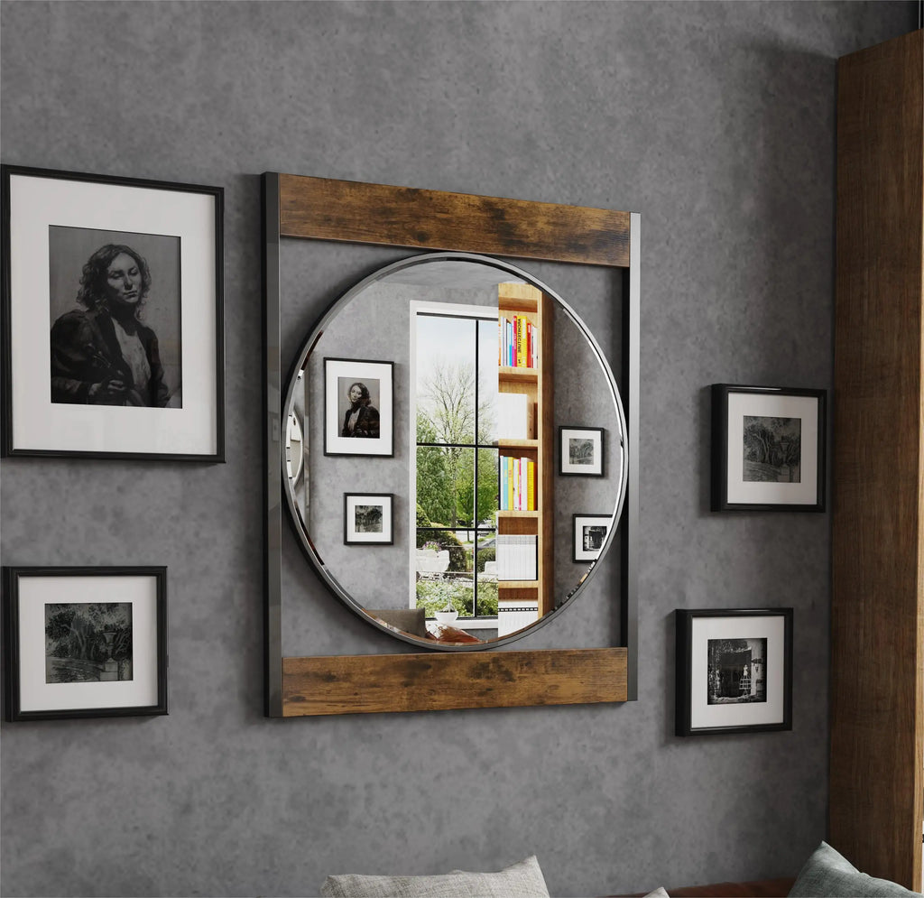 Mirrors and Frames/Industrial Metal Wood Frame Wall Mirror For Bathroom Decor