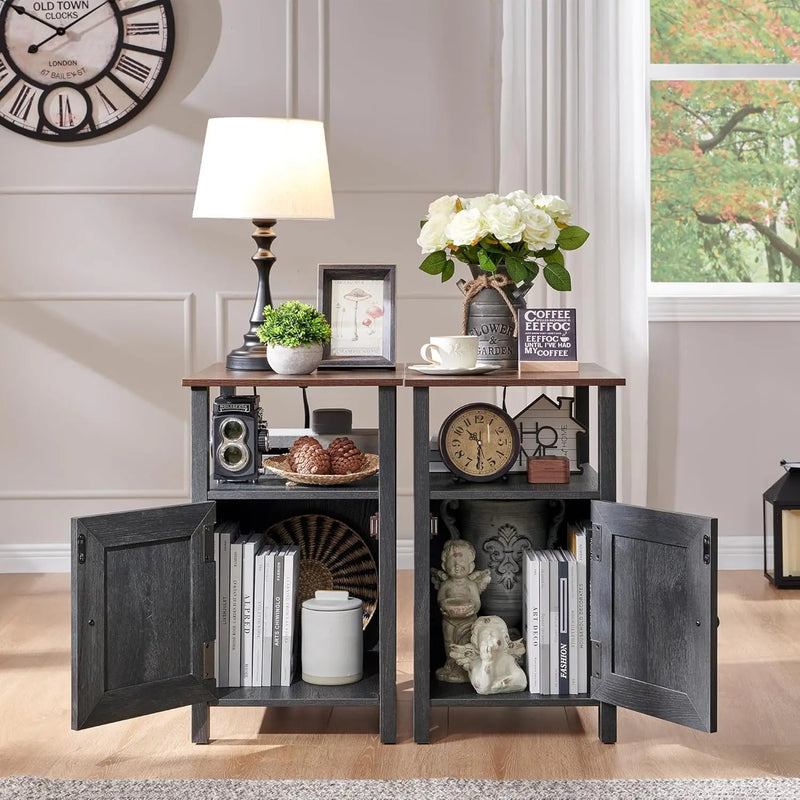 Farmhouse Nightstand Set of 2 With Charging Station Rustic