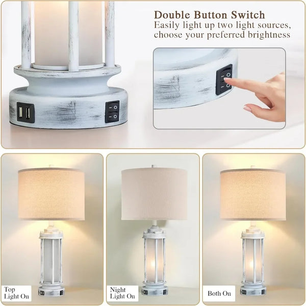 Rustic Farmhouse Table Lamps Set Of 2 With USB Ports