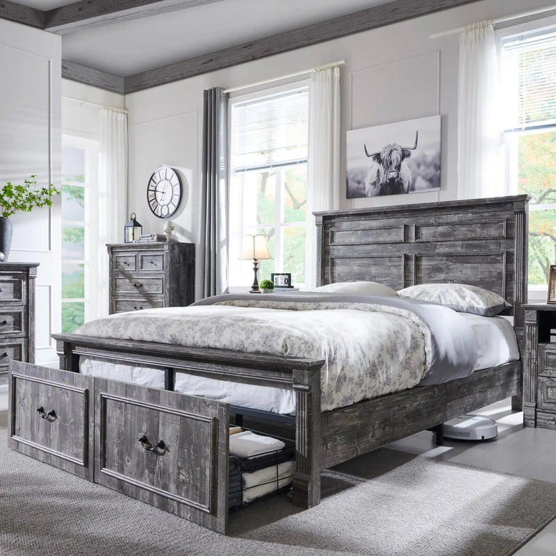Farmhouse Wood Bed Frame With Tall Headboard And Storage