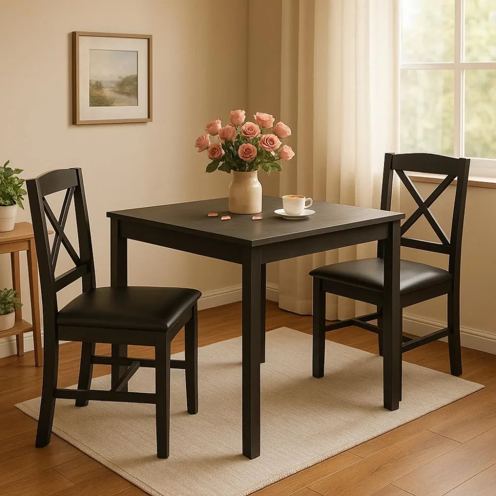 mid-century modern dining table set for 2, wooden kitchen table & 2 chairs with padded seats, 3-piece compact dining set for sm