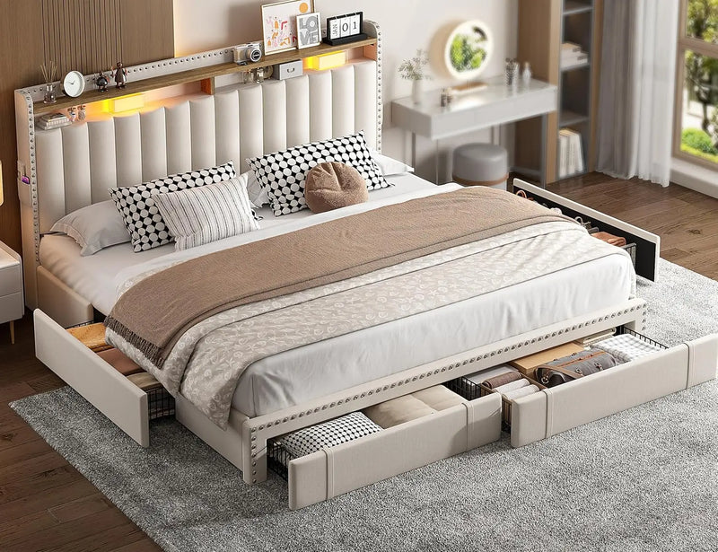 Upholstered Bed Frame With Storage Drawers And Shelves