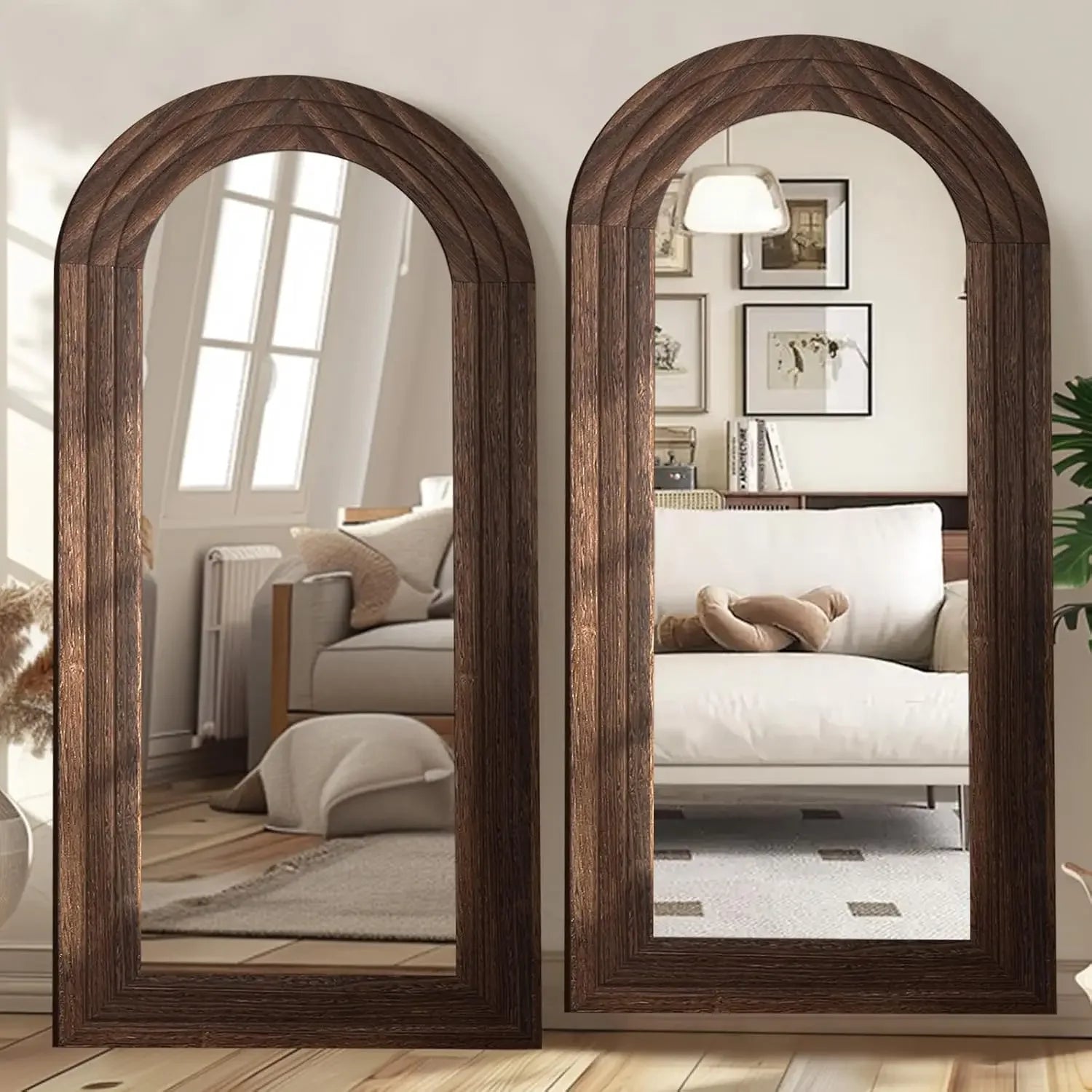 Pair of arched full-length mirrors with solid wood frames, 71x32, in a farmhouse living room.