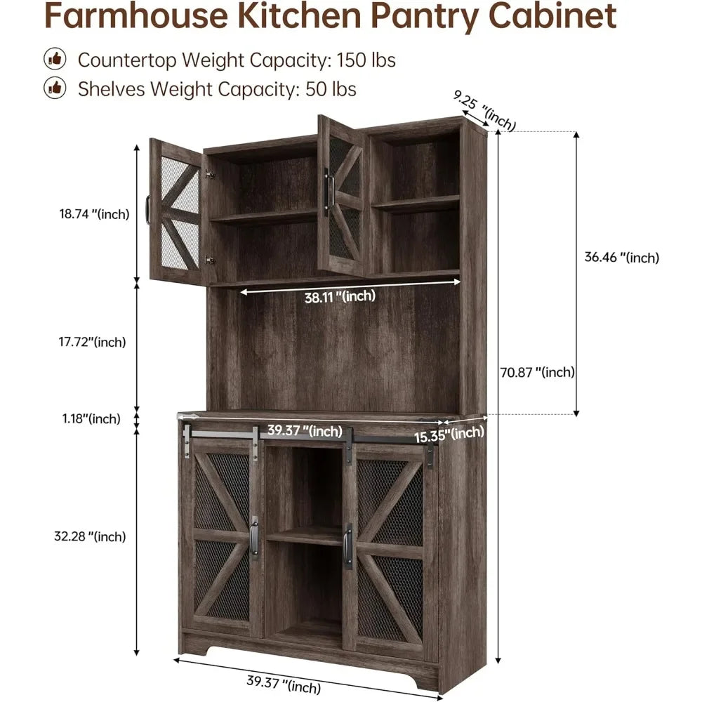 Freestanding Kitchen Pantry Hutch With Led Lights And Outlet