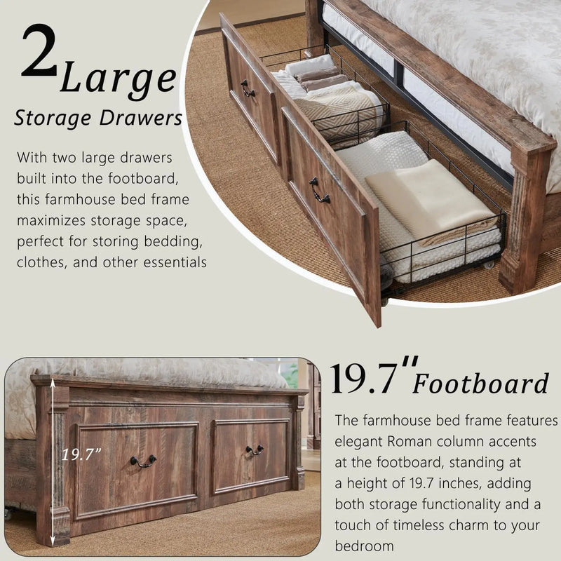 Farmhouse Wood Bed Frame With Tall Headboard And Storage