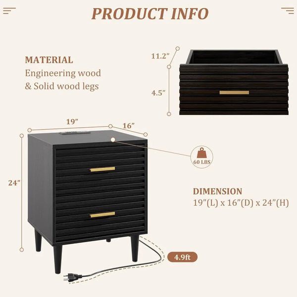 2 piece nightstand set with USB ports and storage
