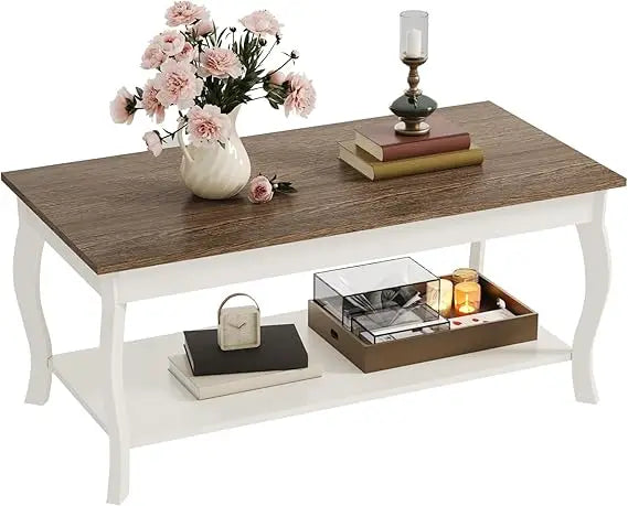 Rustic Coffee Table With Curved Legs And Shelf Centerpiece