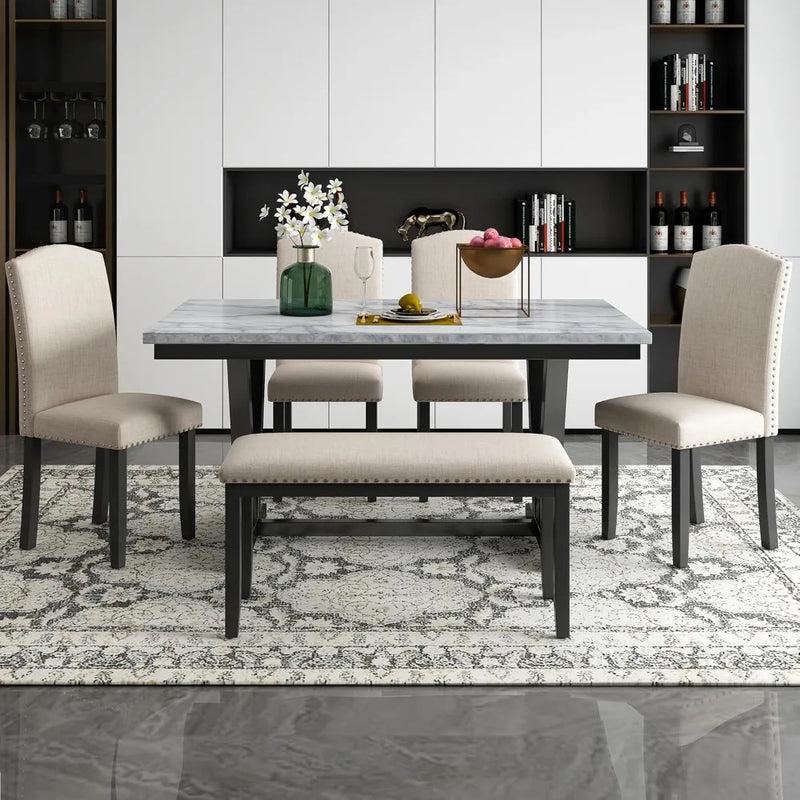 Solid Wood Faux Marble Dining Table Set With Bench