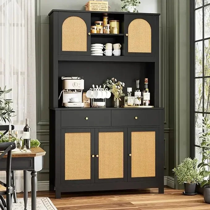 Modern Kitchen Hutch With Rattan Doors And Microwave Stand