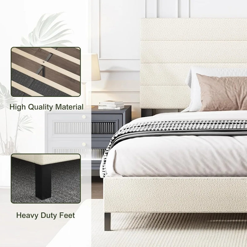 Modern Sherpa Upholstered Bed Frame with Adjustable Headboard