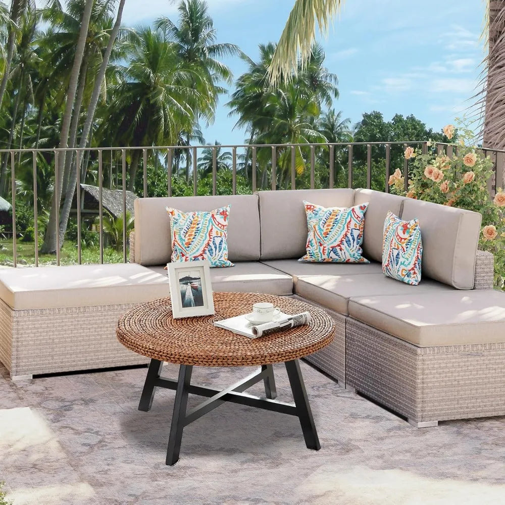 Round Seagrass Coffee Table With Pine Wood X Base Modern