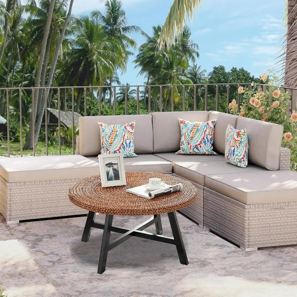 Round Seagrass Coffee Table With Pine Wood X Base Modern