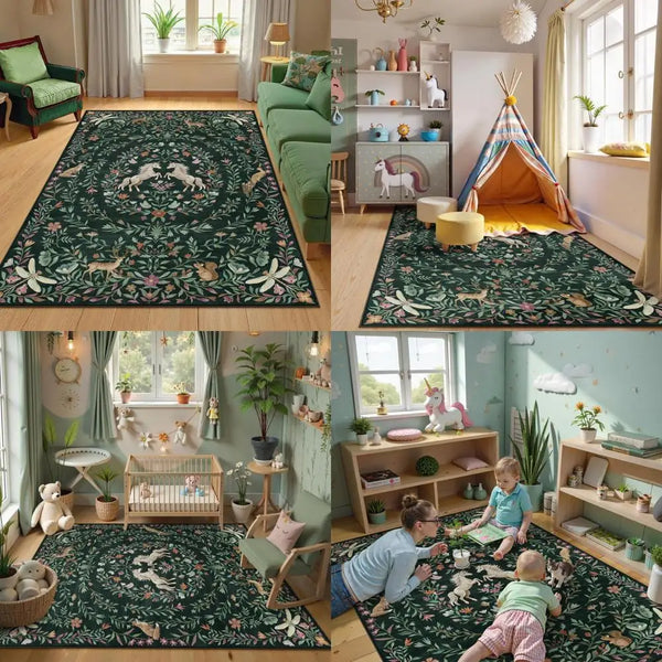 Machine Washable Non Slip Low Pile Rugs With Unicorn Motifs