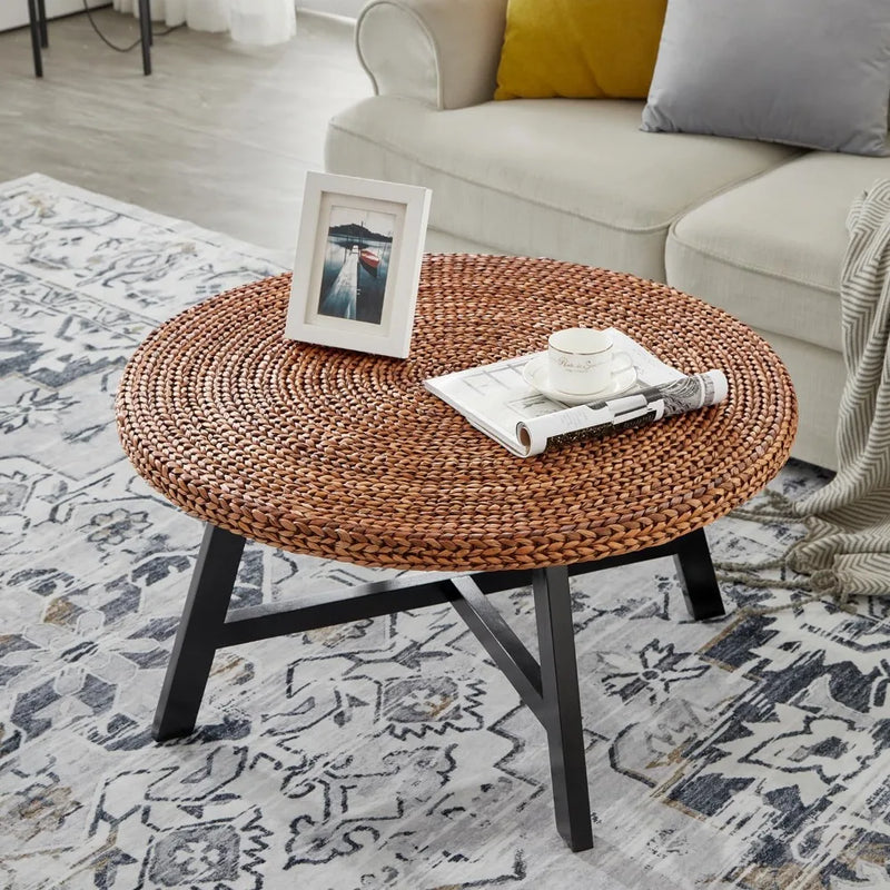 Round Seagrass Coffee Table With Pine Wood X Base Modern