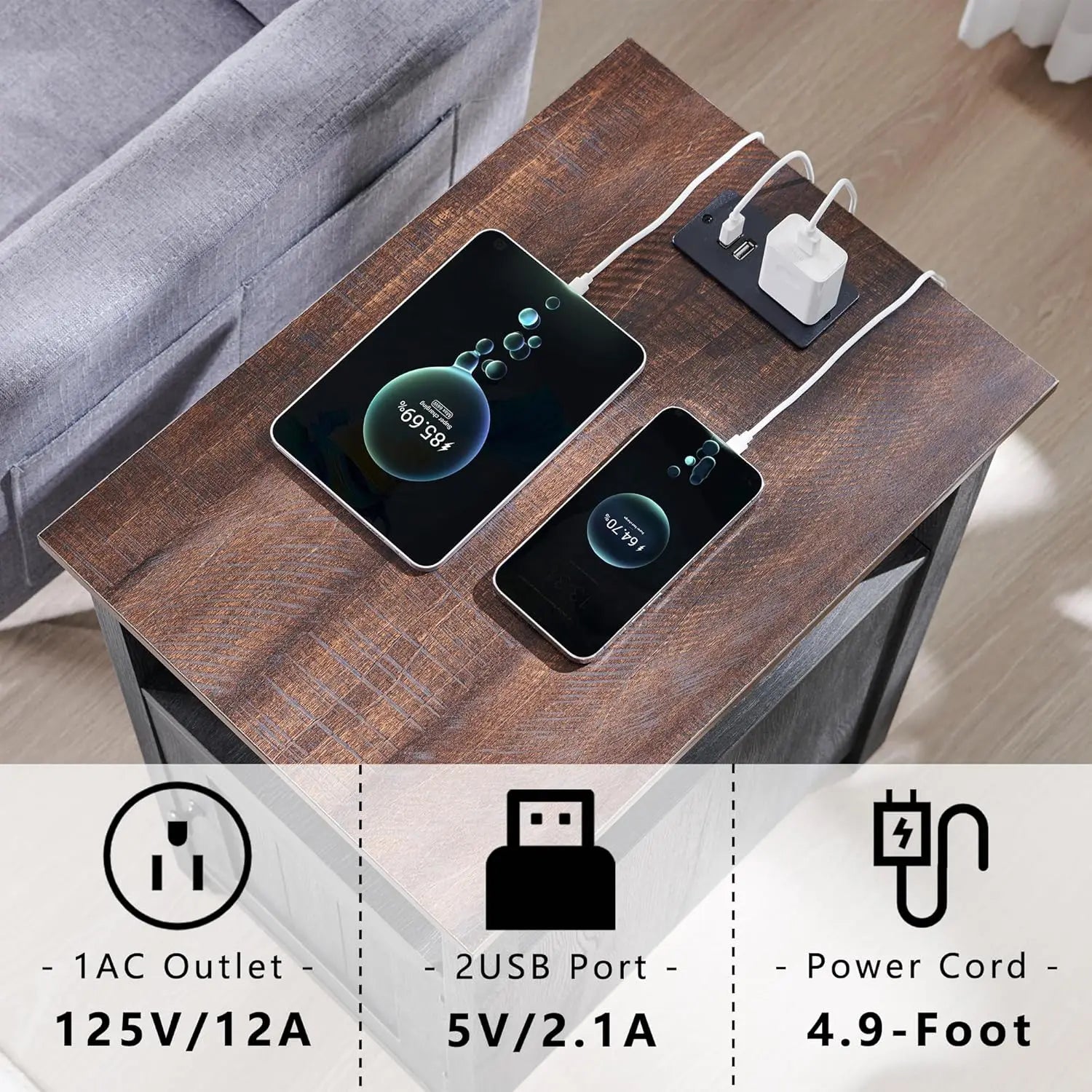 Farmhouse Nightstand Set of 2 With Charging Station Rustic