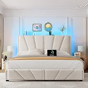 EnHomee Bed Frame With Velvet Headboard LED Lights Storage