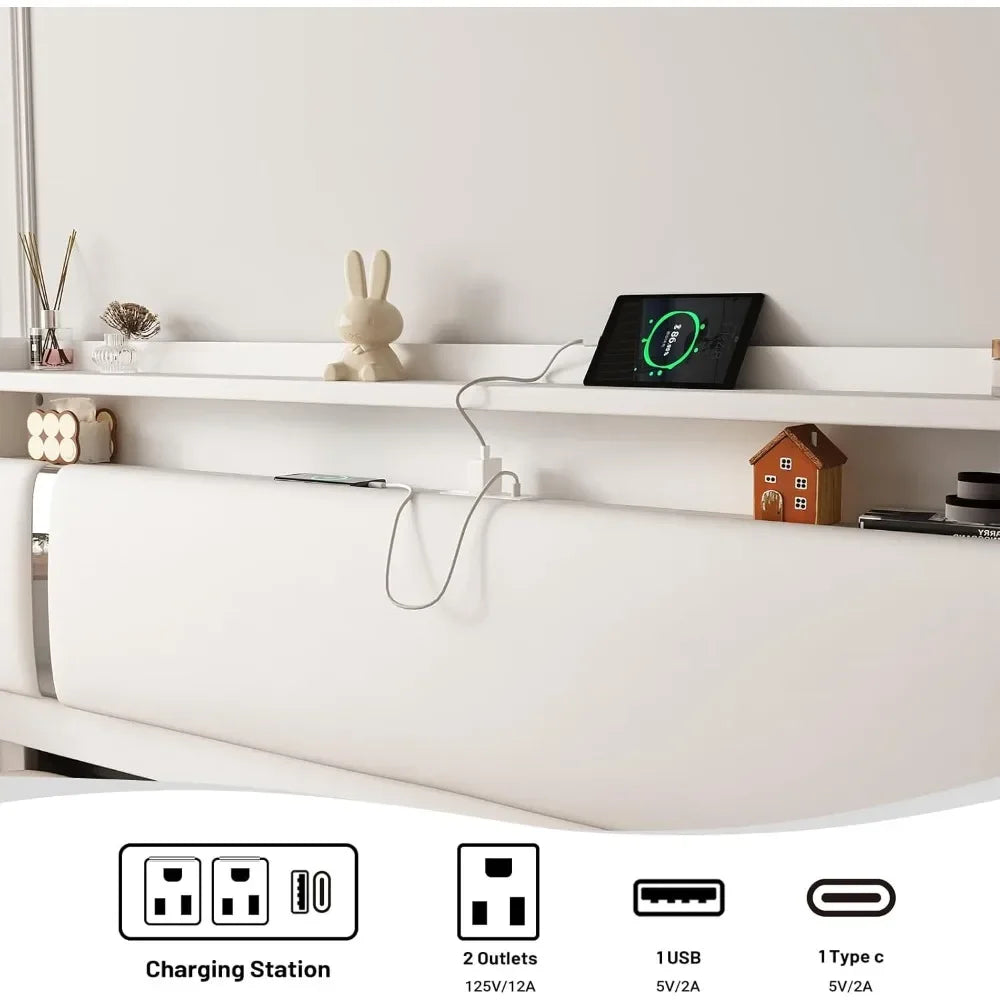 Floating Bed Frame With LED Charging Storage Headboard