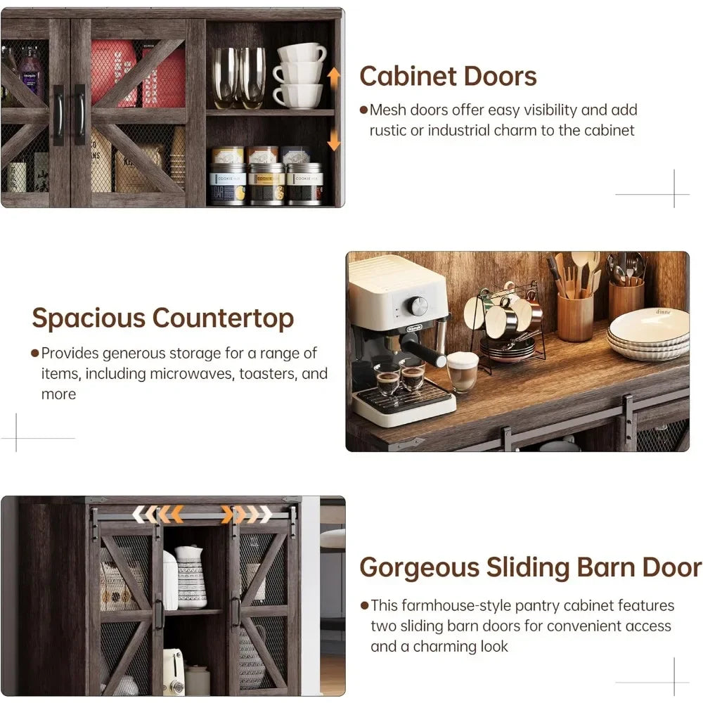 Freestanding Kitchen Pantry Hutch With Led Lights And Outlet