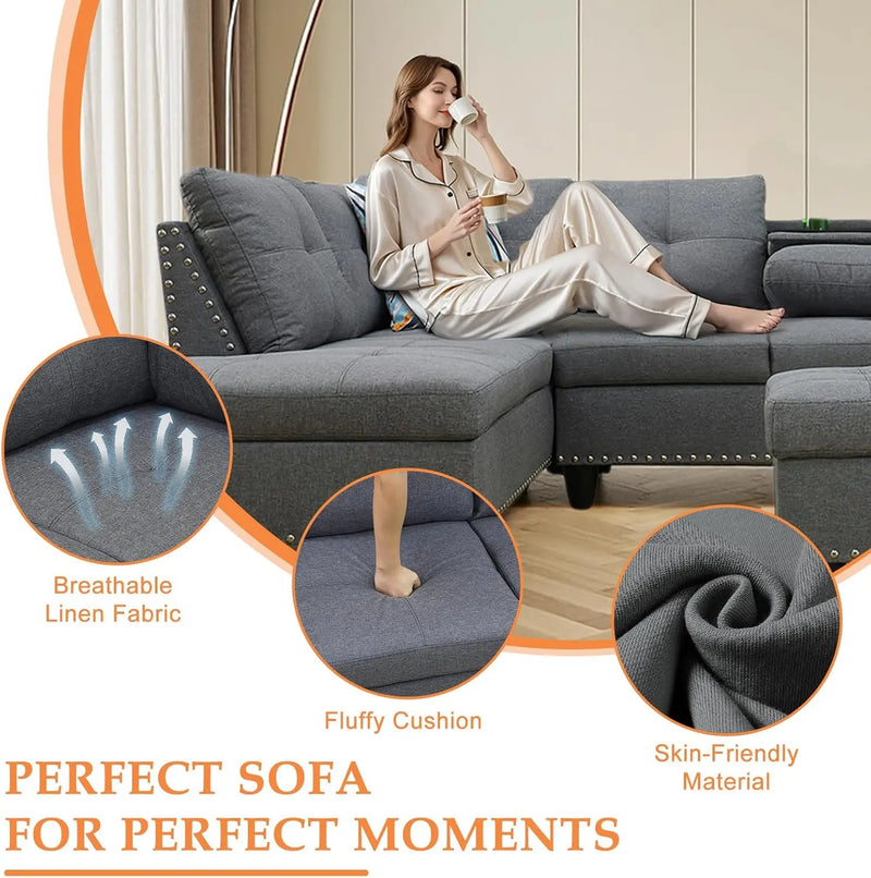 Modern Sectional Sofa With Chaise Ottoman And Pillows
