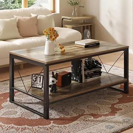 Rustic Farmhouse Coffee Table With Storage Shelf Living Room