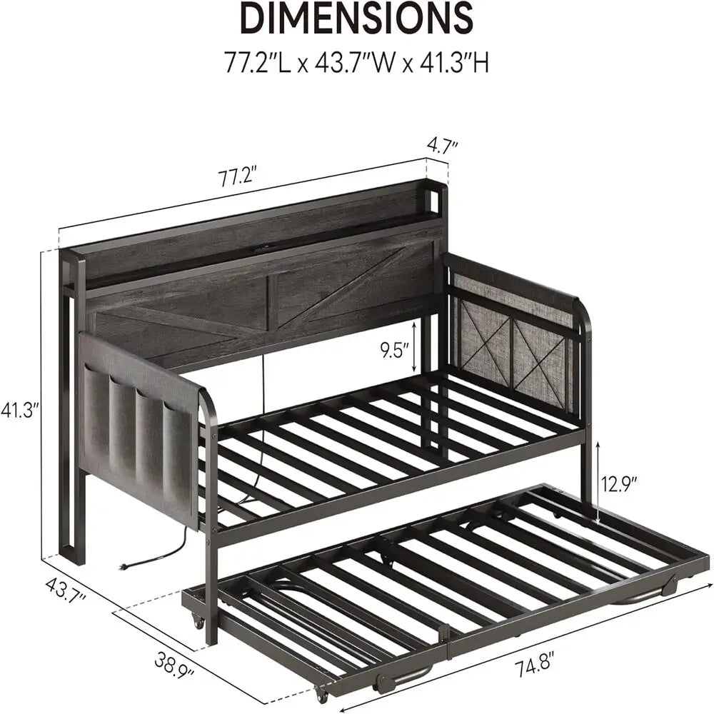 Daybed With Trundle And Storage Headboard With USB Charging