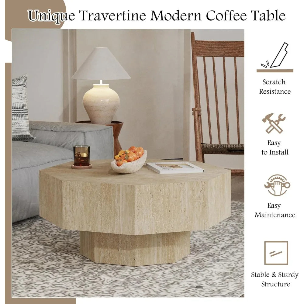 Modern Octagonal Travertine Coffee Tables for Living Room