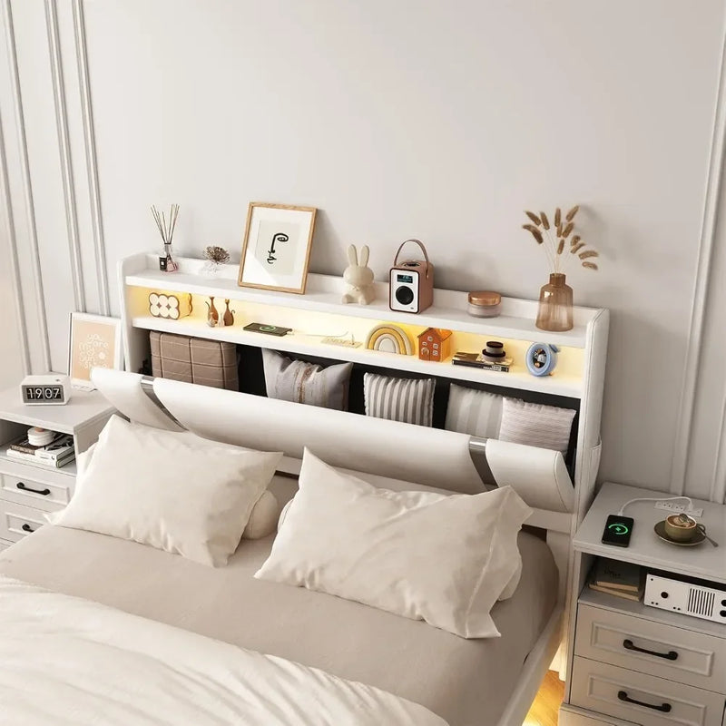 Floating Bed Frame With LED Charging Storage Headboard