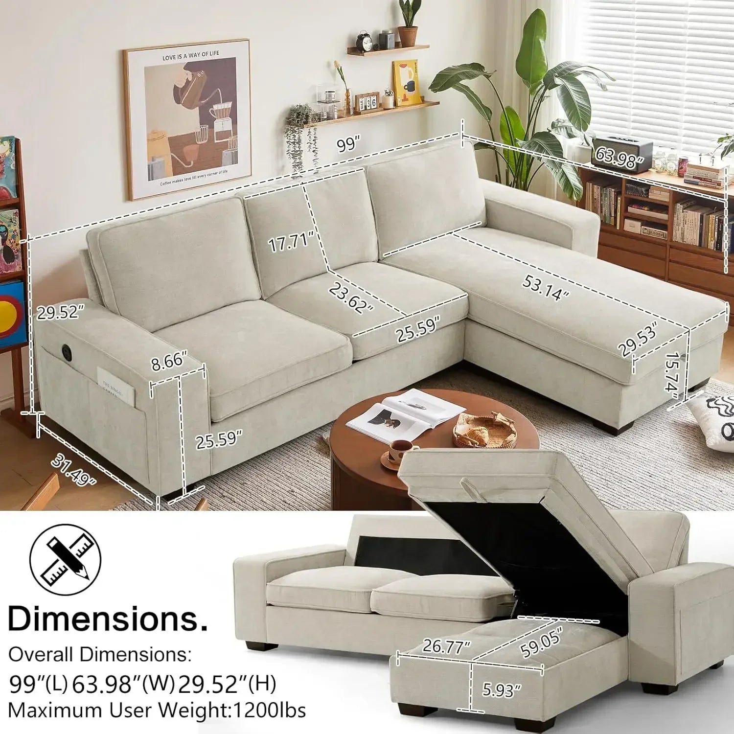 Convertible Sectional Sofa With USB And Reversible Design