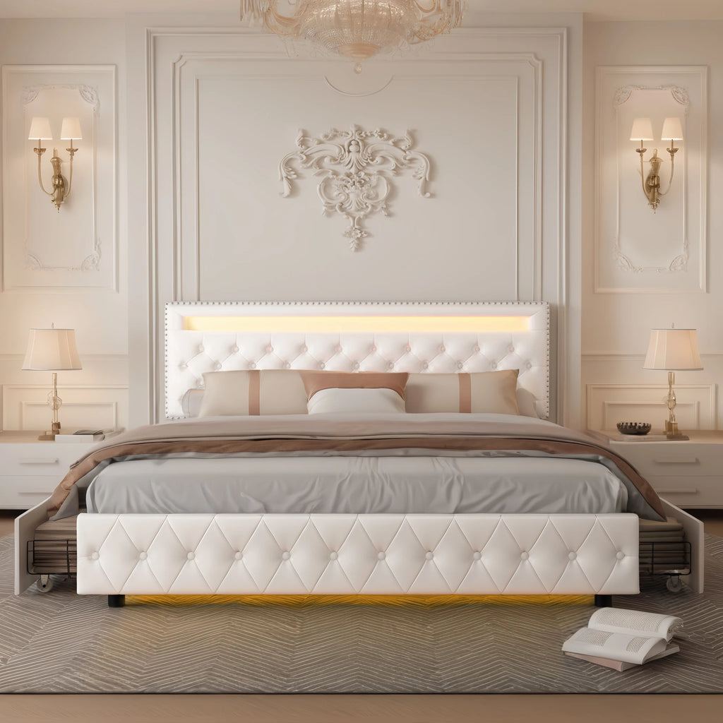 RGBW LED Bed Frame Storage Drawers And Adjustable Headboard