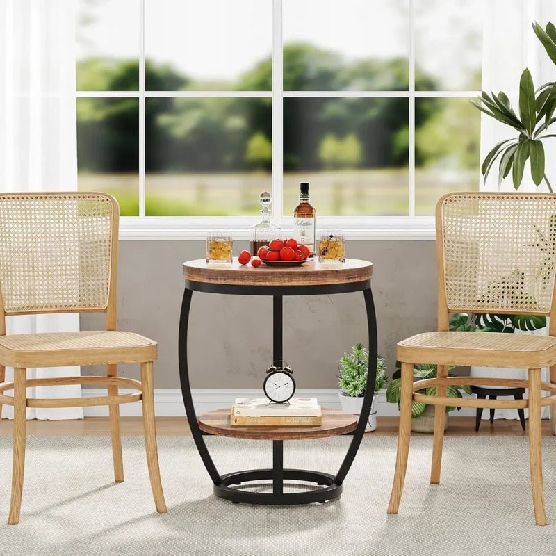 Round End Table Two Tier Metal Frame With Storage Shelves