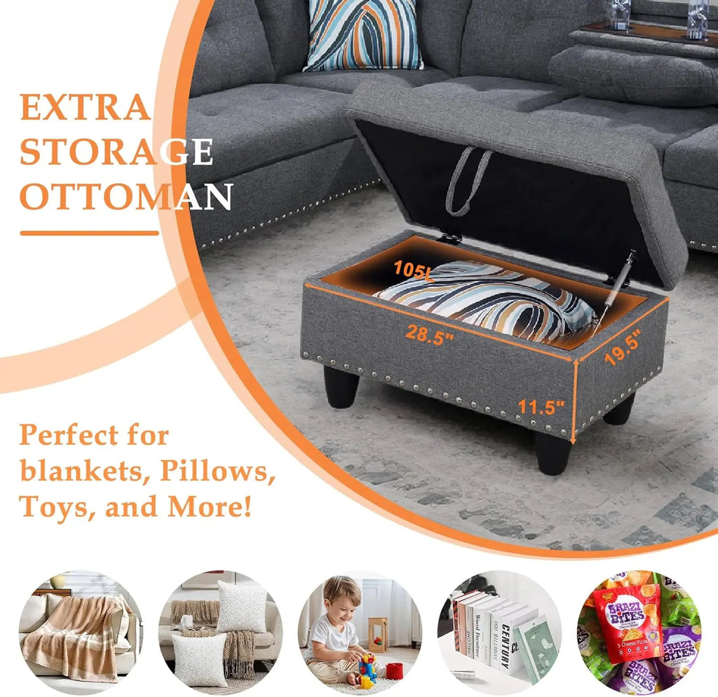 Modern Sectional Sofa With Chaise Ottoman And Pillows