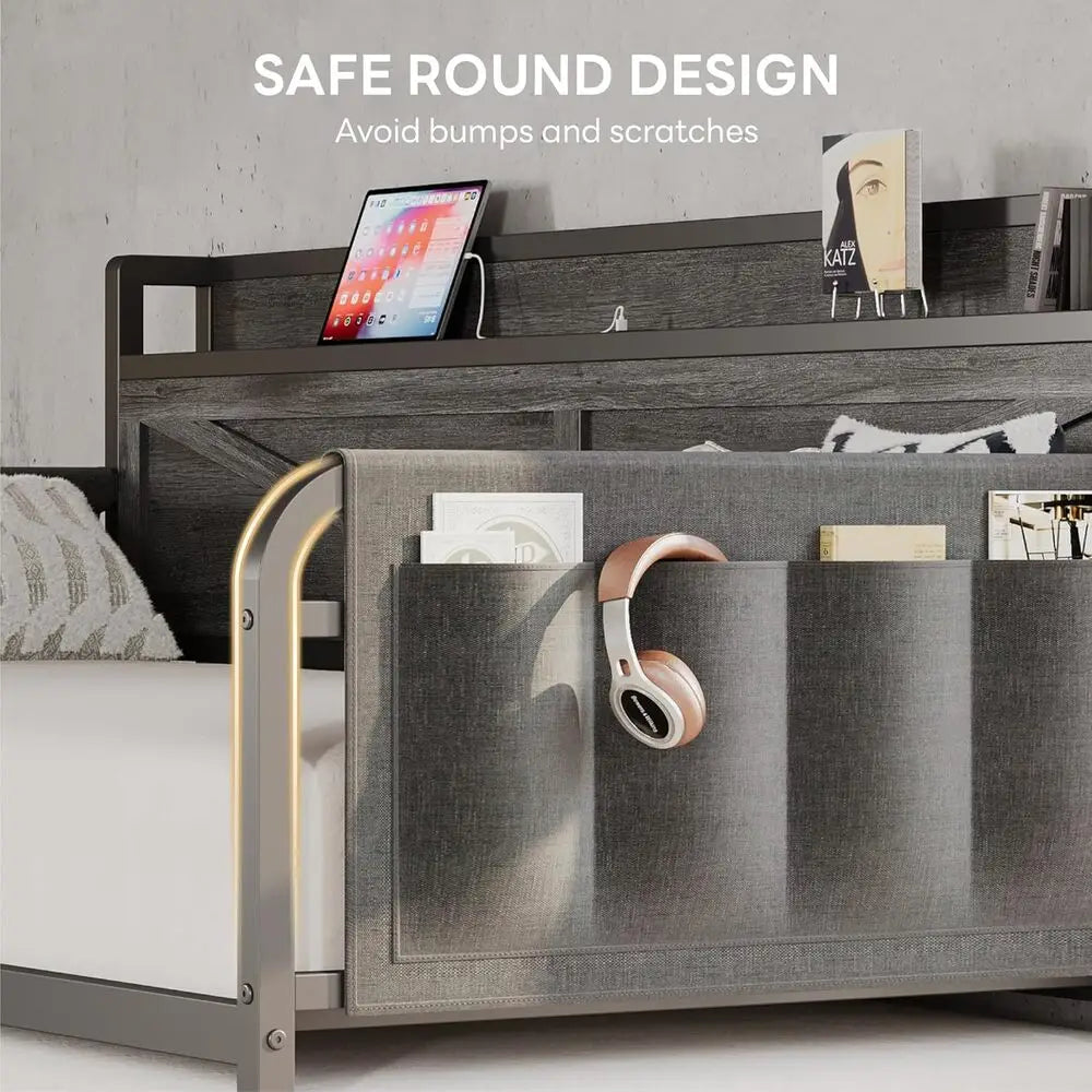 Daybed With Trundle And Storage Headboard With USB Charging