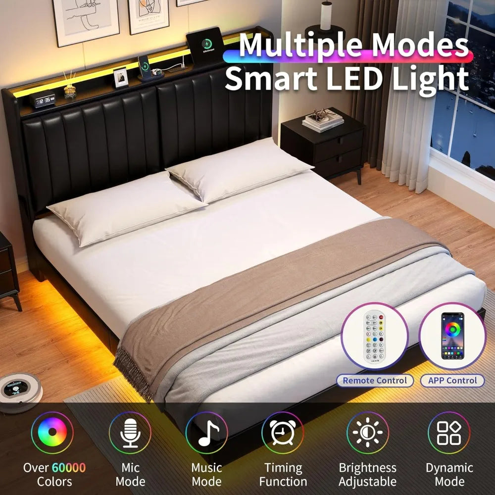 Floating Bed Frame With Storage Headboard And LED Lights