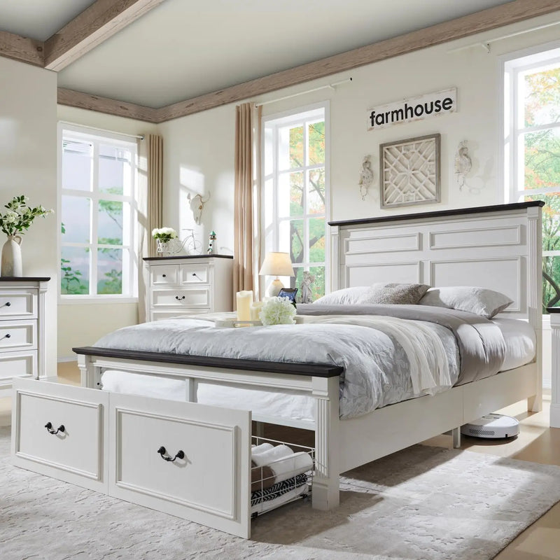 Farmhouse Wood Bed Frame With Tall Headboard And Storage