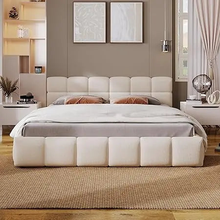 Upholstered Headboard Bed Frame Chenille Checkerboard Design