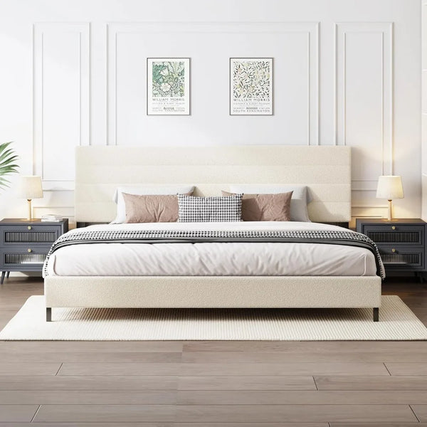 Modern Sherpa Upholstered Bed Frame with Adjustable Headboard