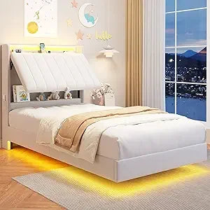 Floating Bed Frame With Storage Headboard And LED Lights