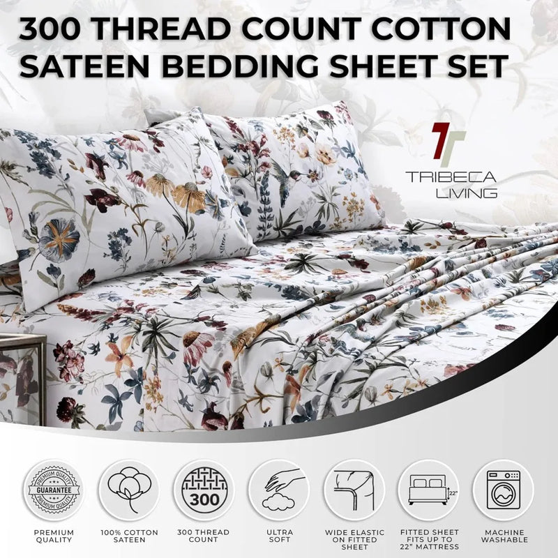 Tribeca Living Cotton Sateen Floral Sheet Set With Pockets