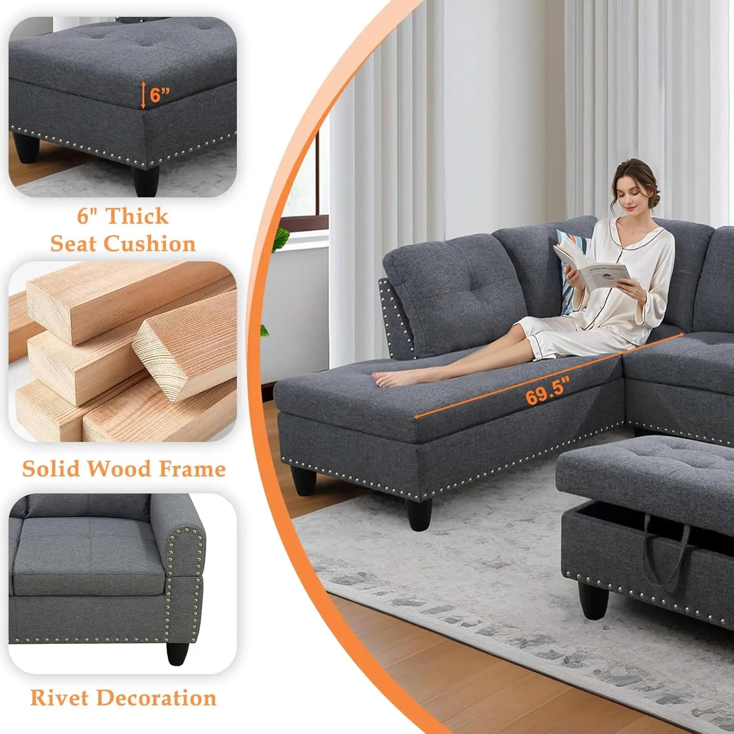 Modern Sectional Sofa With Chaise Ottoman And Pillows