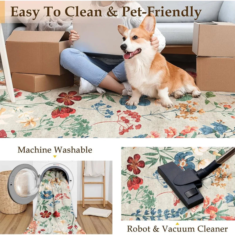 Floral Bohemian Area Rug Washable Non Slip Low Pile Carpet
