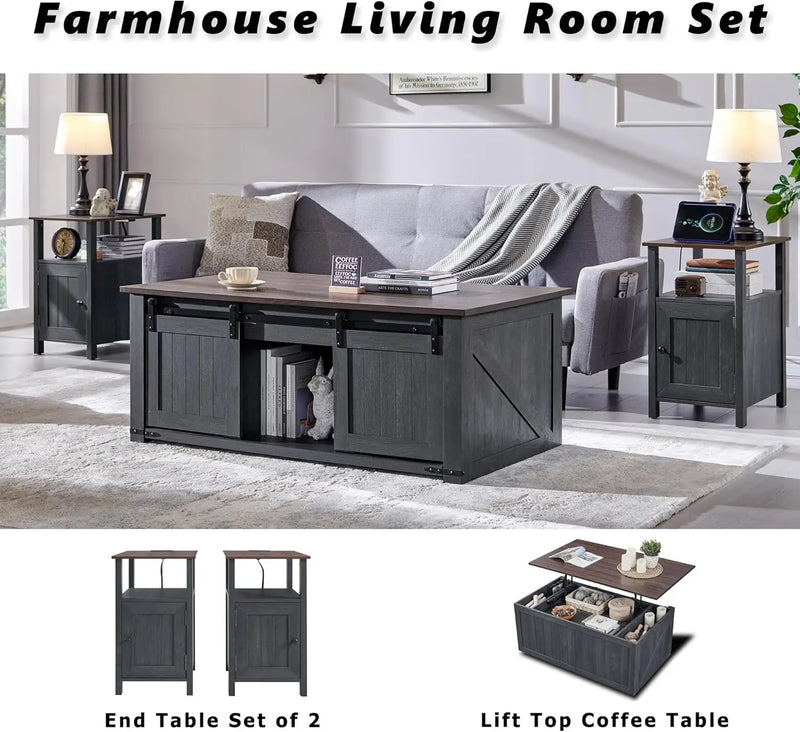 Farmhouse Nightstand Set of 2 With Charging Station Rustic
