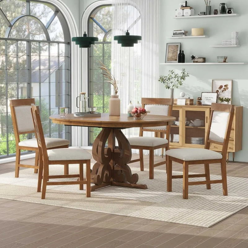 Retro Dining Set Extendable Table And Upholstered Chairs