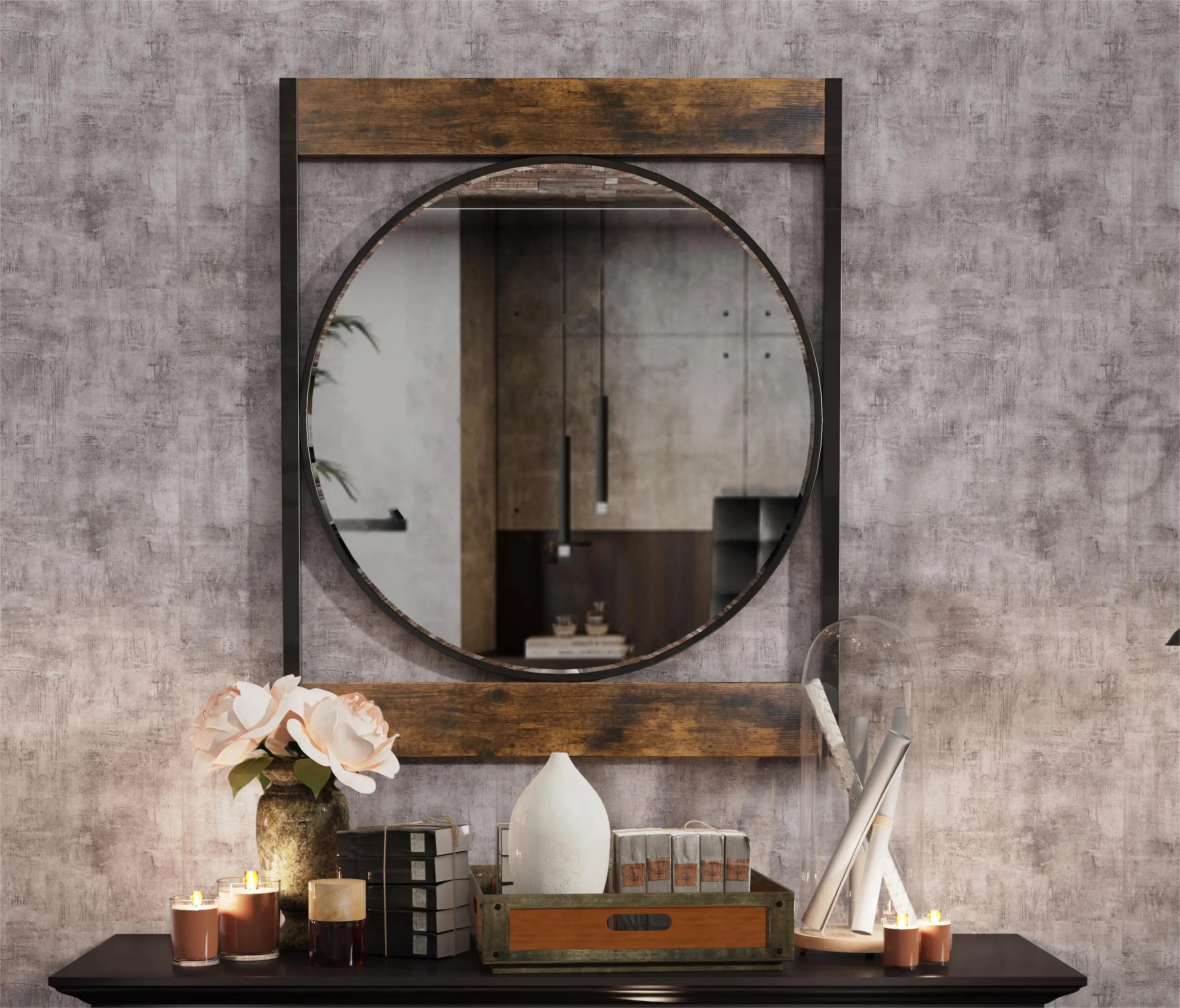 63x76CM Industrial Metal Wood Frame Wall Mounted Mirror Bathroom Living Room Decorative Mirror